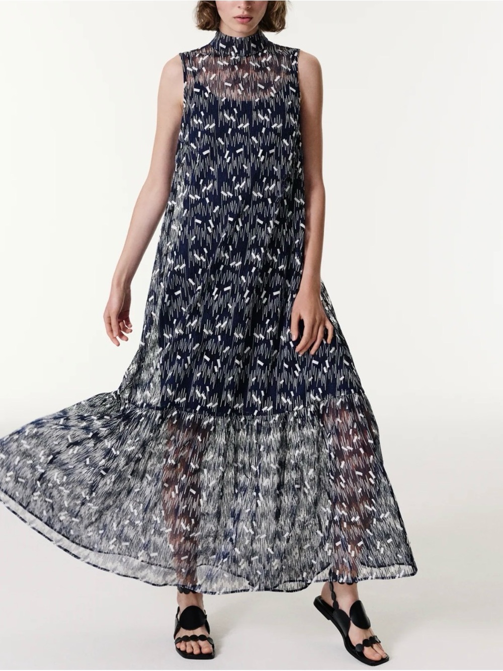 NWT Akris Punto Scribble Embroidered Tulle Sleeveless Maxi Dress Dark Blue 10